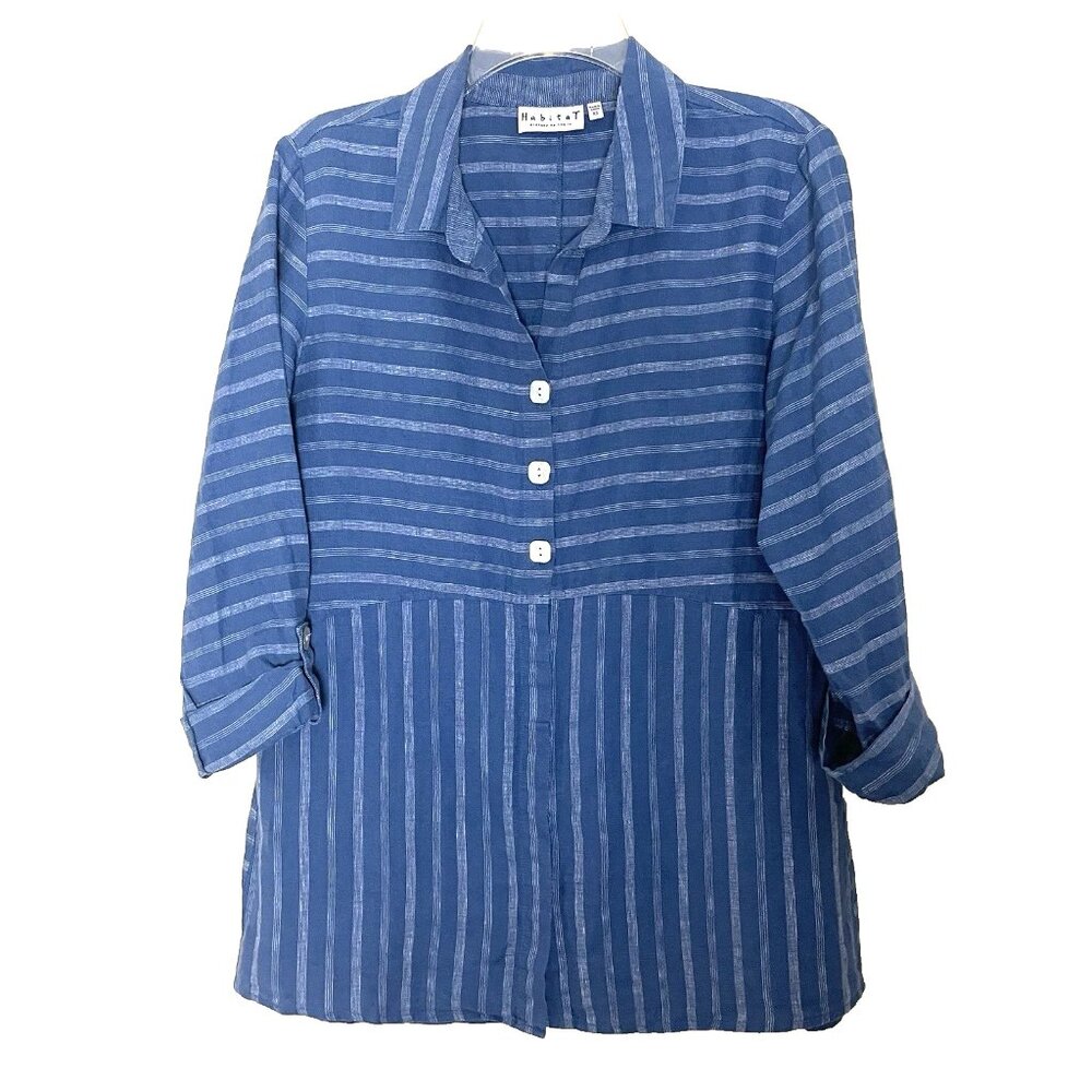 Habitat Linen Blouse Top Shirt XS Button Front Blue Striped 3/4 Sleeve Lagenlook